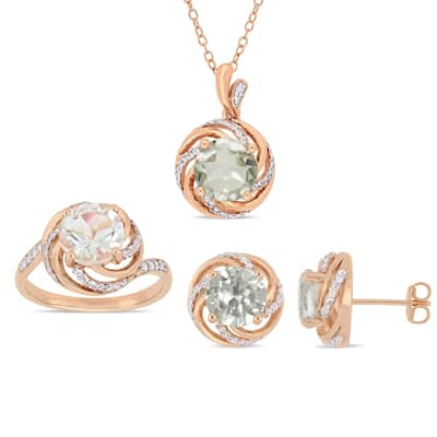 Miadora Rose Plated Sterling Silver Green Amethyst White Topaz and Diamond Swirl Halo Ring Necklace and Stud Earrings Set