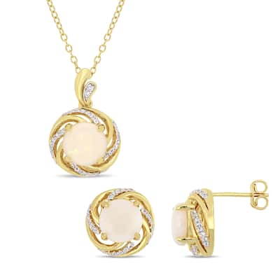 Miadora Yellow Plated Sterling Silver Opal White Topaz and Diamond Swirl Halo Necklace and Stud Earrings Set