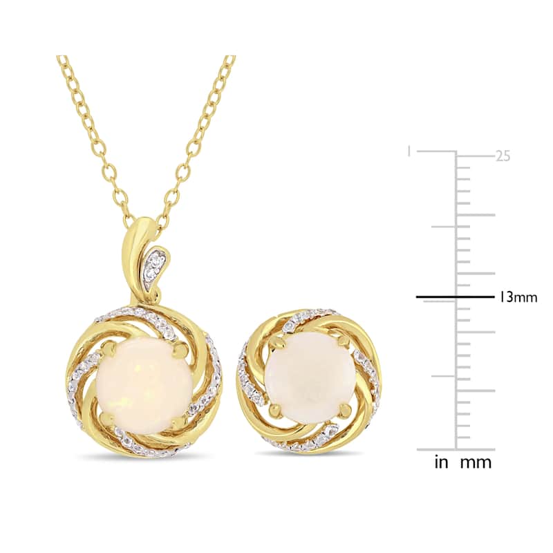 Miadora Yellow Plated Sterling Silver Opal White Topaz and Diamond Swirl Halo Necklace and Stud Earrings Set