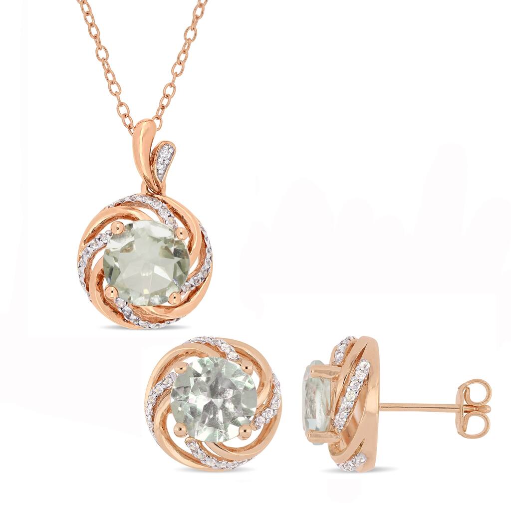 Miadora Rose Plated Sterling Silver Green Amethyst White Topaz and Diamond Swirl Halo Necklace and Stud Earrings Set