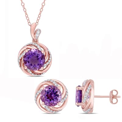 Miadora Rose Plated Sterling Silver Amethyst White Topaz and Diamond Swirl Halo Necklace and Stud Earrings Set