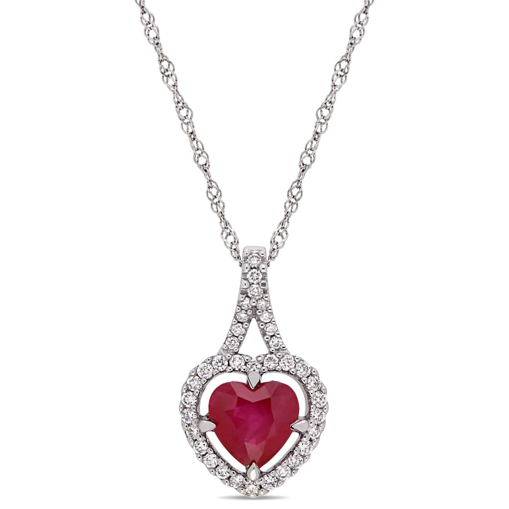 Miadora 14k White Gold Ruby and 1/6ct TDW Diamond Heart Halo Necklace