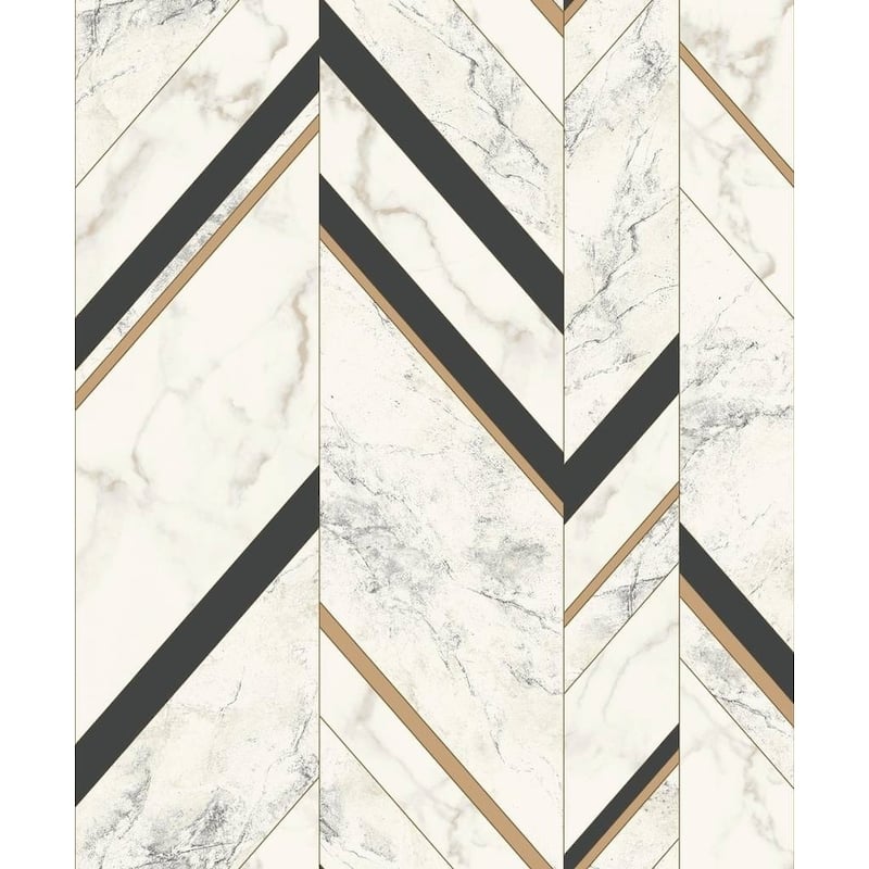 Groveland Marble Chevron Wallpaper (56.9 Sq. Ft.) - Black/gold