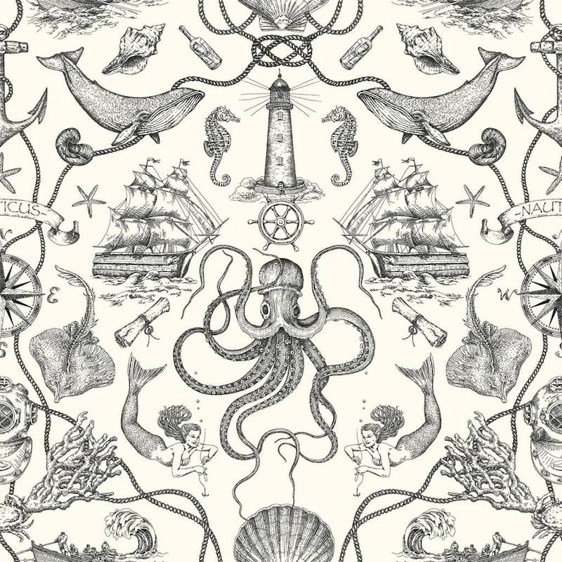 Biscayne Deep Sea Toile Wallpaper 20.5 In x 33 Ft - Grey