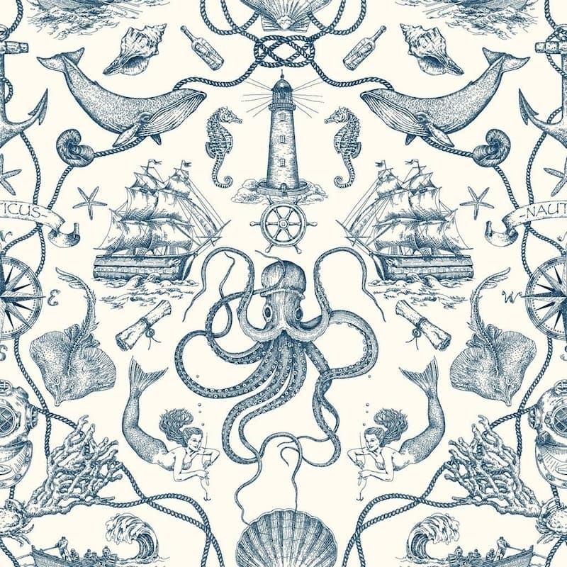 Biscayne Deep Sea Toile Wallpaper 20.5 In x 33 Ft - Blue