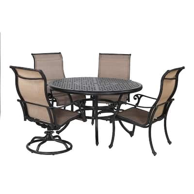 South Ponto Sling Black Aluminum 52-inch Round Dining Table with 4 Beige/Black Chairs