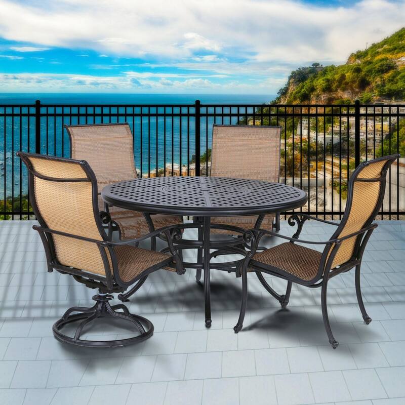 South Ponto Sling Black Aluminum 52-inch Round Dining Table with 4 Beige/Black Chairs