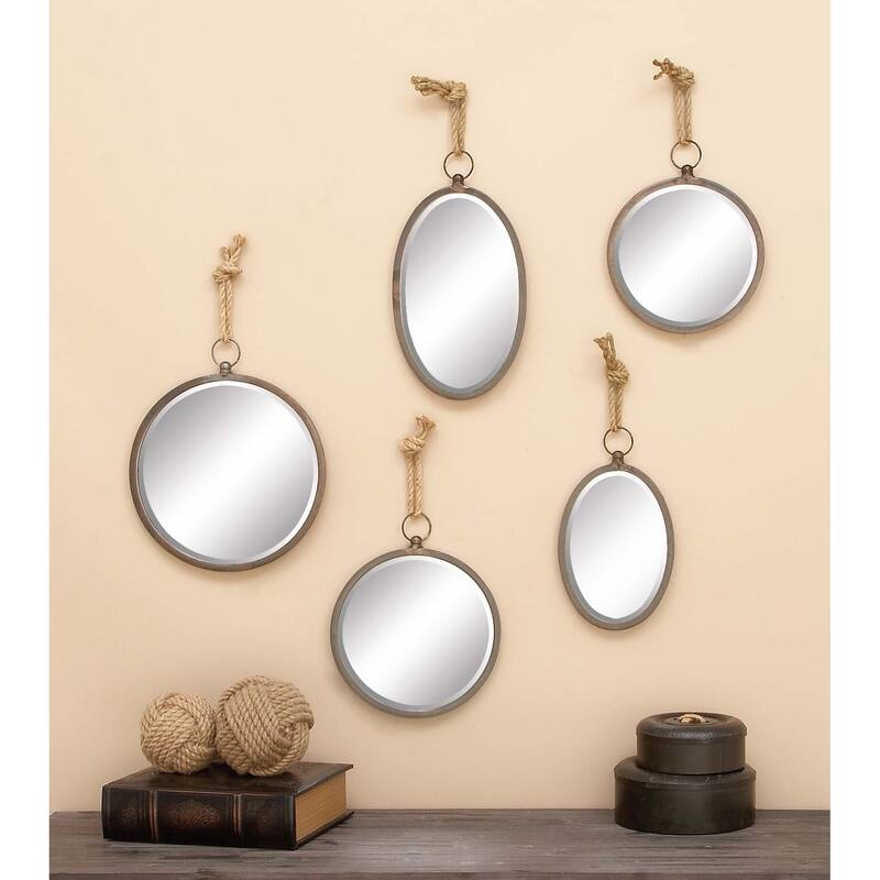 Gray Metal Room Wall Mirror with Hanging Rope (Set of 5) - Brown/Grey