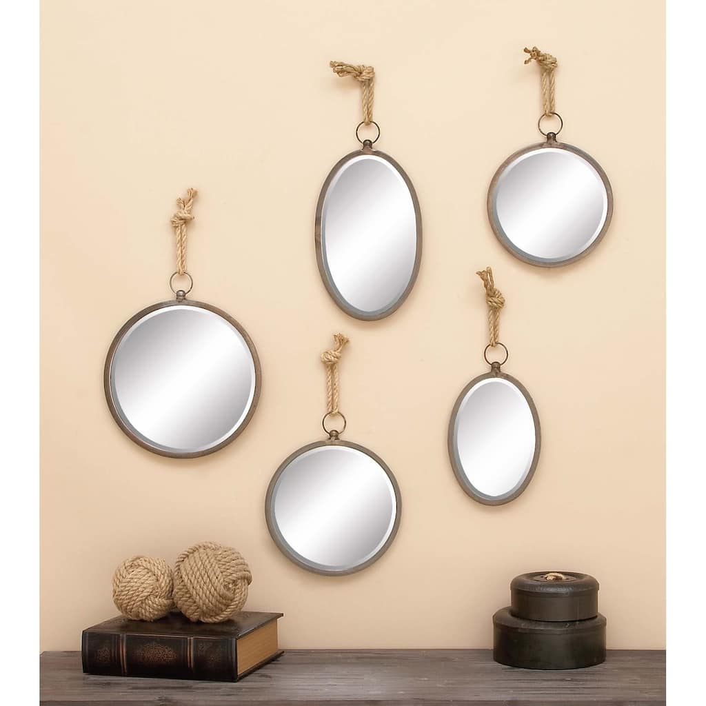 Gray Metal Room Wall Mirror with Hanging Rope (Set of 5) - Brown/Grey
