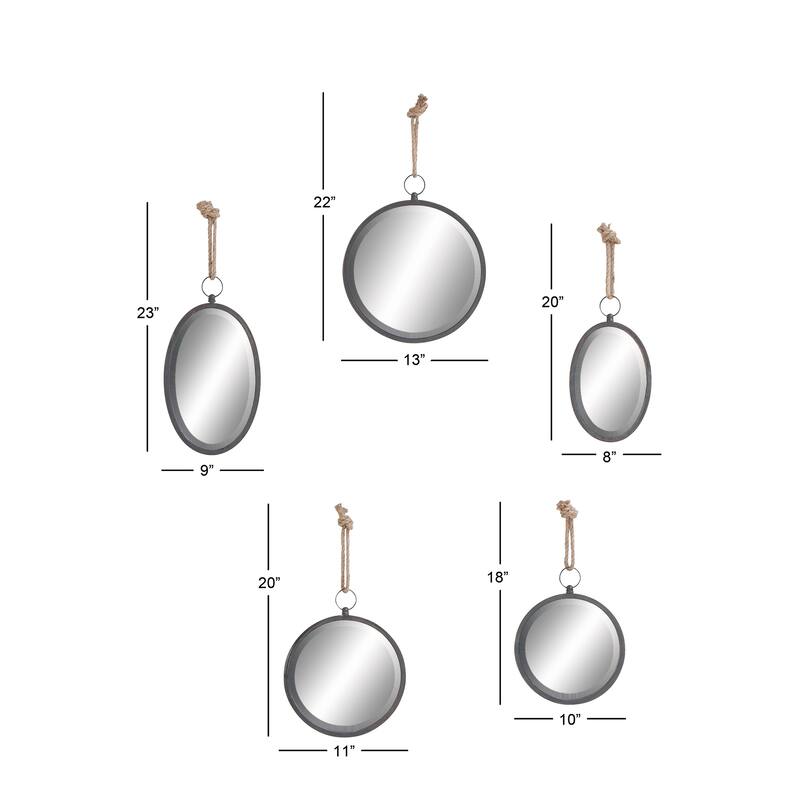 Gray Metal Room Wall Mirror with Hanging Rope (Set of 5) - Brown/Grey