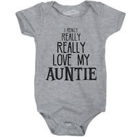 Baby Really Really Love My Auntie Cute Funny Infant Creeper Bodysuit in Grey