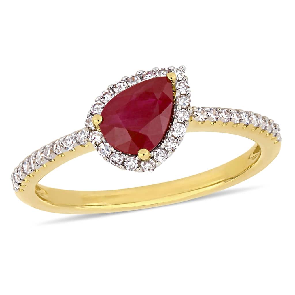 Miadora Yellow Gold Ruby & 1/5ct TDW Diamond Teardrop Halo Ring