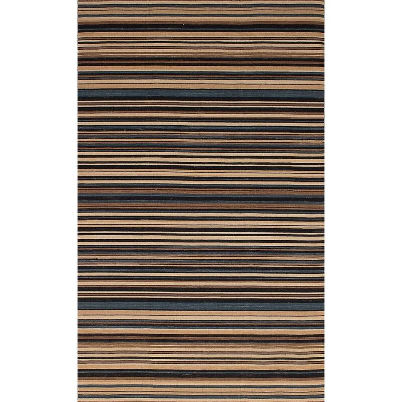 Flat-weave Manhattan Blue, Red Wool Kilim - 4'7" x 7'7" - Beige
