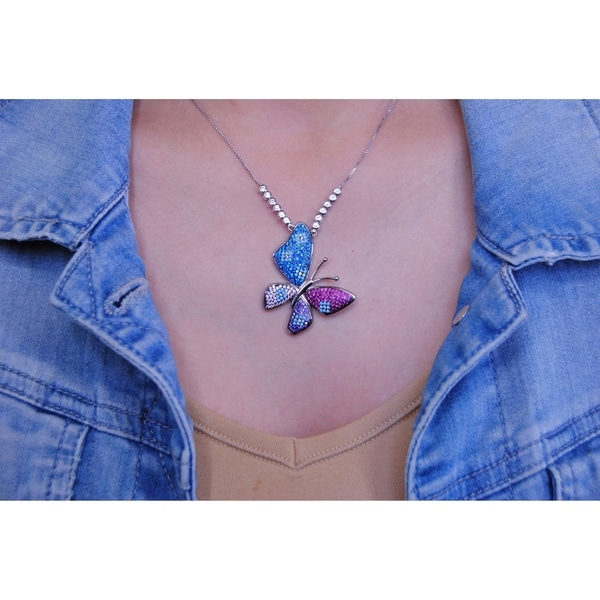 Sterling Silver Rhodium-plated Multi-Color CZ Butterfly Pendant
