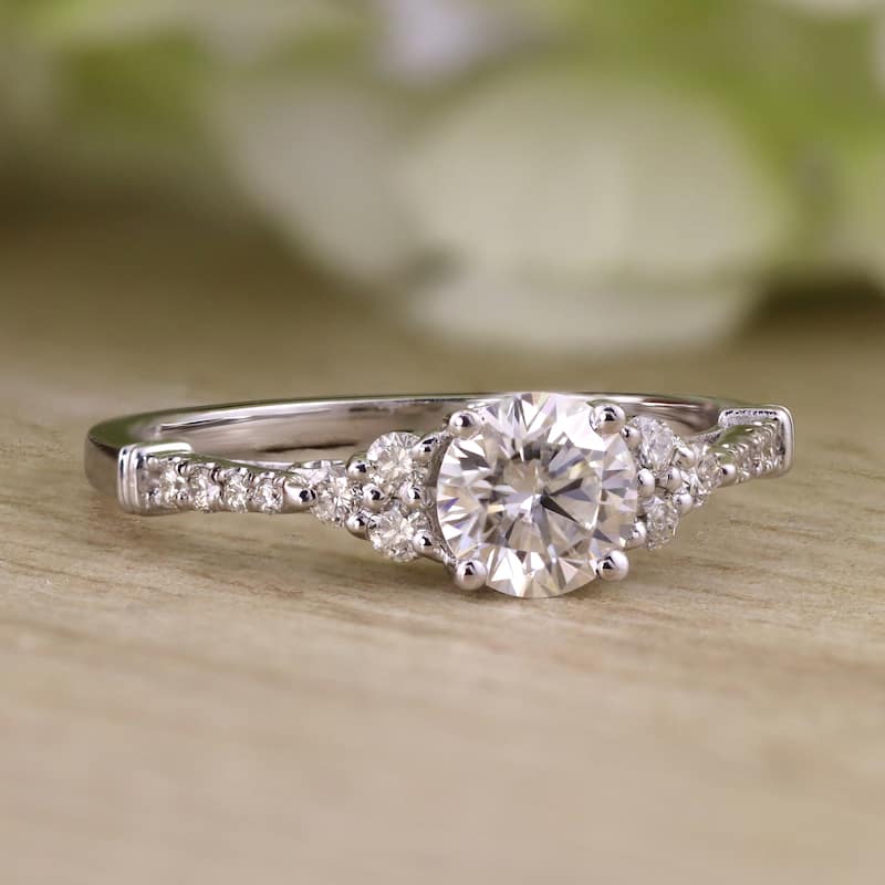 Auriya 14k Gold Vintage 1 1/2ct Round Moissanite and 1/5ctw Diamond Engagement Ring