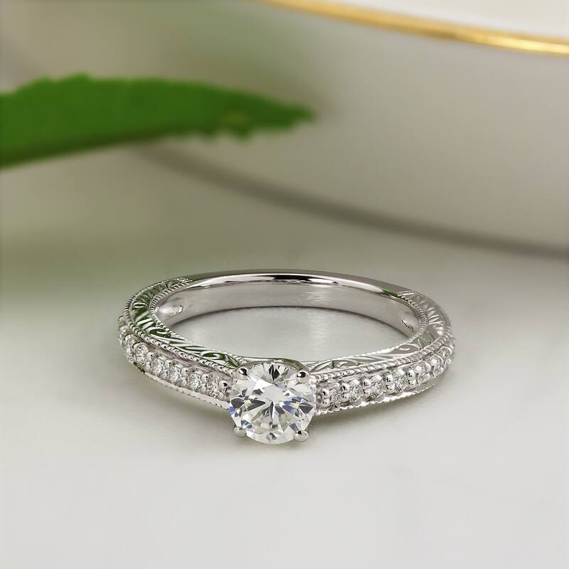 Auriya 14k Gold 1/2ct Vintage Moissanite and Diamond Engagement Ring 1/4ctw