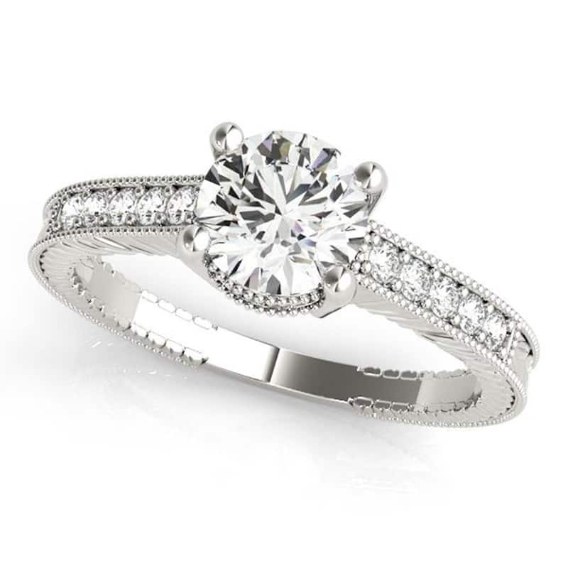 Auriya Vintage 3/4 carat Round Moissanite and 1/5ctw Diamond Engagement Ring 14k Gold