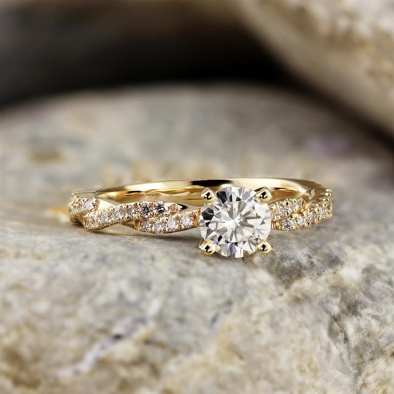 Auriya 14k Gold Twisted Round 3ct Moissanite and 1/5ctw Diamond Engagement Ring