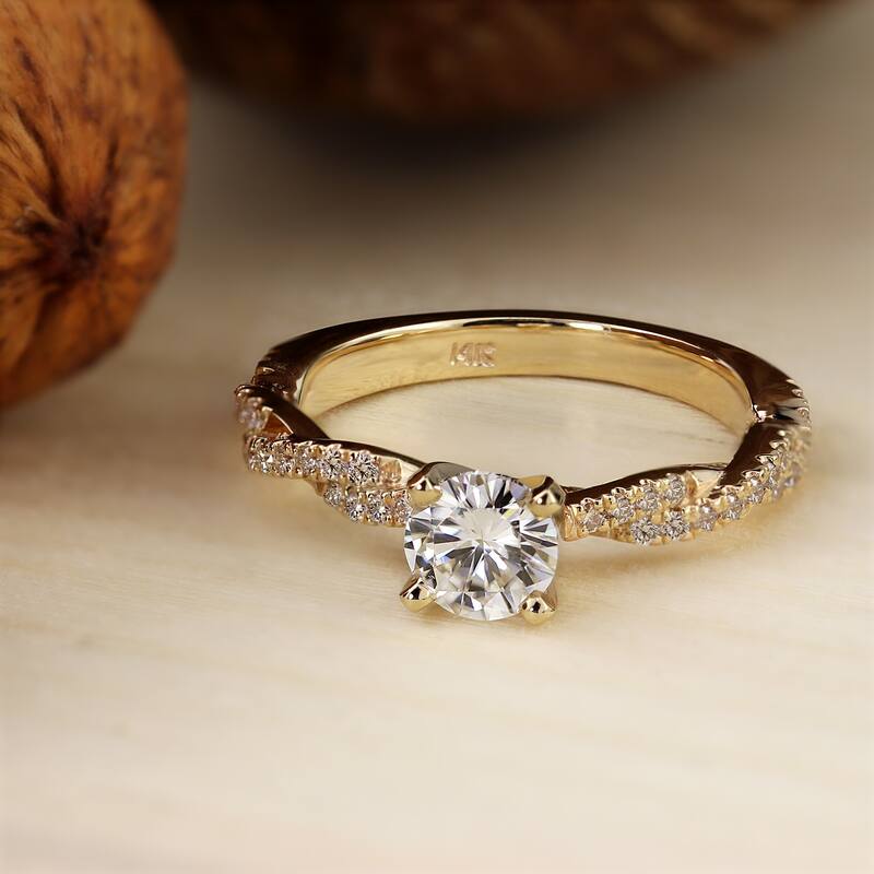Auriya 14k Gold Twisted Round 3ct Moissanite and 1/5ctw Diamond Engagement Ring