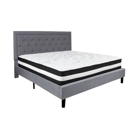 Offex Roxbury King Size Tufted Upholstered Platform Bed in Light Gray Fabric with Pocket Spring Mattress