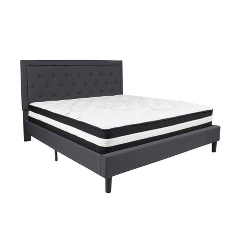 Offex Roxbury King Size Tufted Upholstered Platform Bed in Dark Gray Fabric with Pocket Spring Mattress