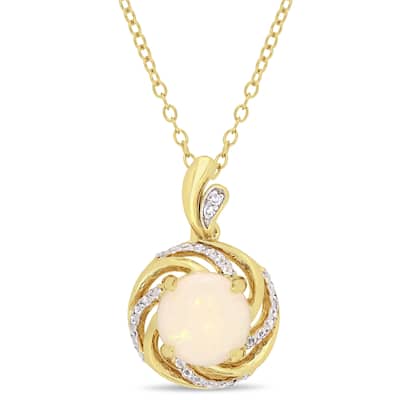 Miadora Yellow Plated Sterling Silver Opal White Topaz and Diamond Swirl Halo Necklace