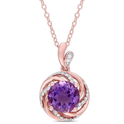 Miadora Rose Plated Sterling Silver Amethyst White Topaz and Diamond Swirl Halo Necklace