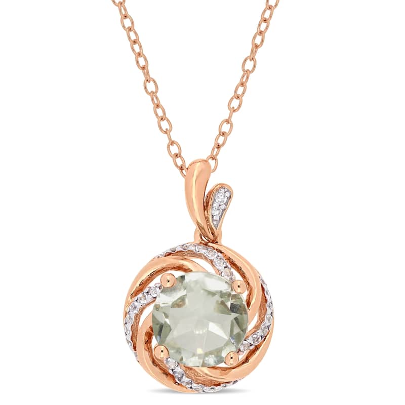 Miadora Rose Plated Sterling Silver Green Amethyst White Topaz and Diamond Swirl Halo Necklace