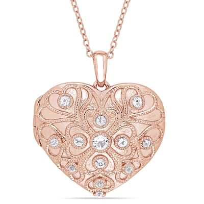 Miadora Rose Plated Sterling Silver White Topaz Heart Locket Necklace
