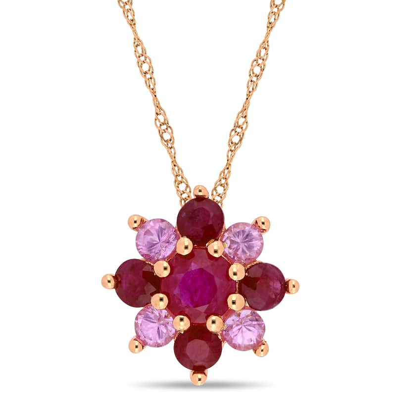 Miadora 14k Rose Gold Ruby and Pink Sapphire Cluster Flower Necklace