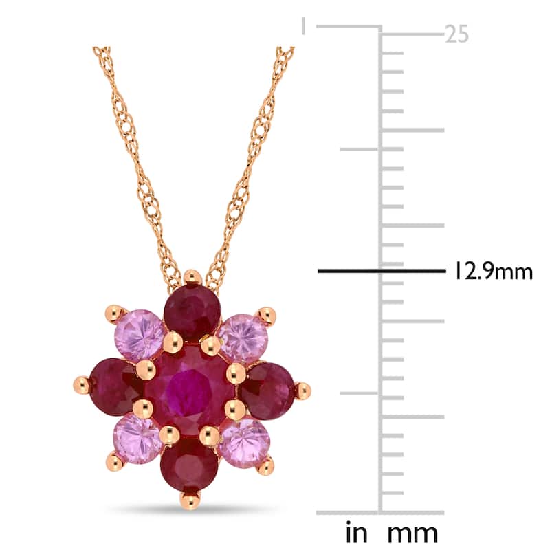 Miadora 14k Rose Gold Ruby and Pink Sapphire Cluster Flower Necklace