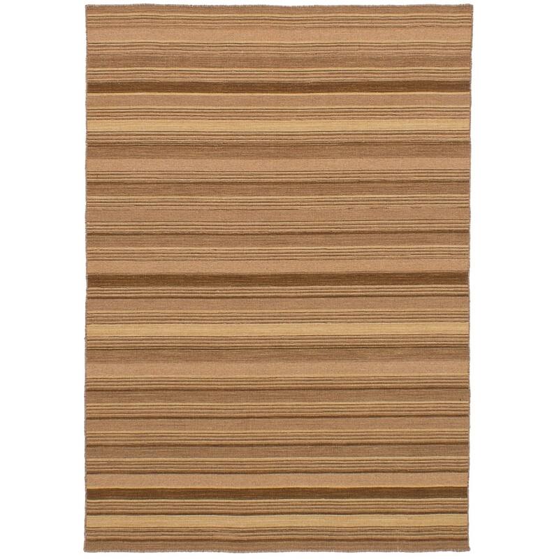 Flat-weave Manhattan Blue, Red Wool Kilim - 4'8" x 6'8" - Tan