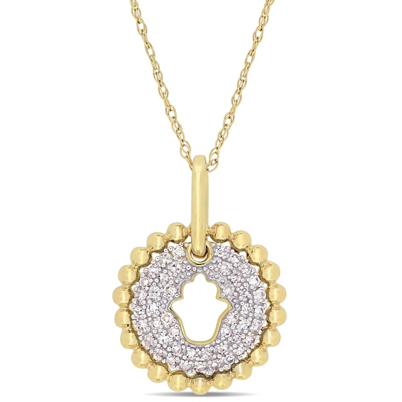 Miadora 10k Yellow Gold 1/5ct TDW Diamond Cluster Hamsa Center Floral Halo Necklace