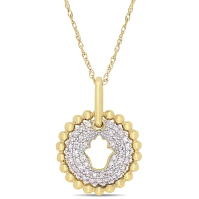 Miadora 10k Yellow Gold 1/5ct TDW Diamond Cluster Hamsa Center Floral Halo Necklace