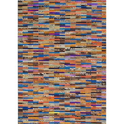 Handmade Cowhide Patchwork Blue, Brown Leather Rug