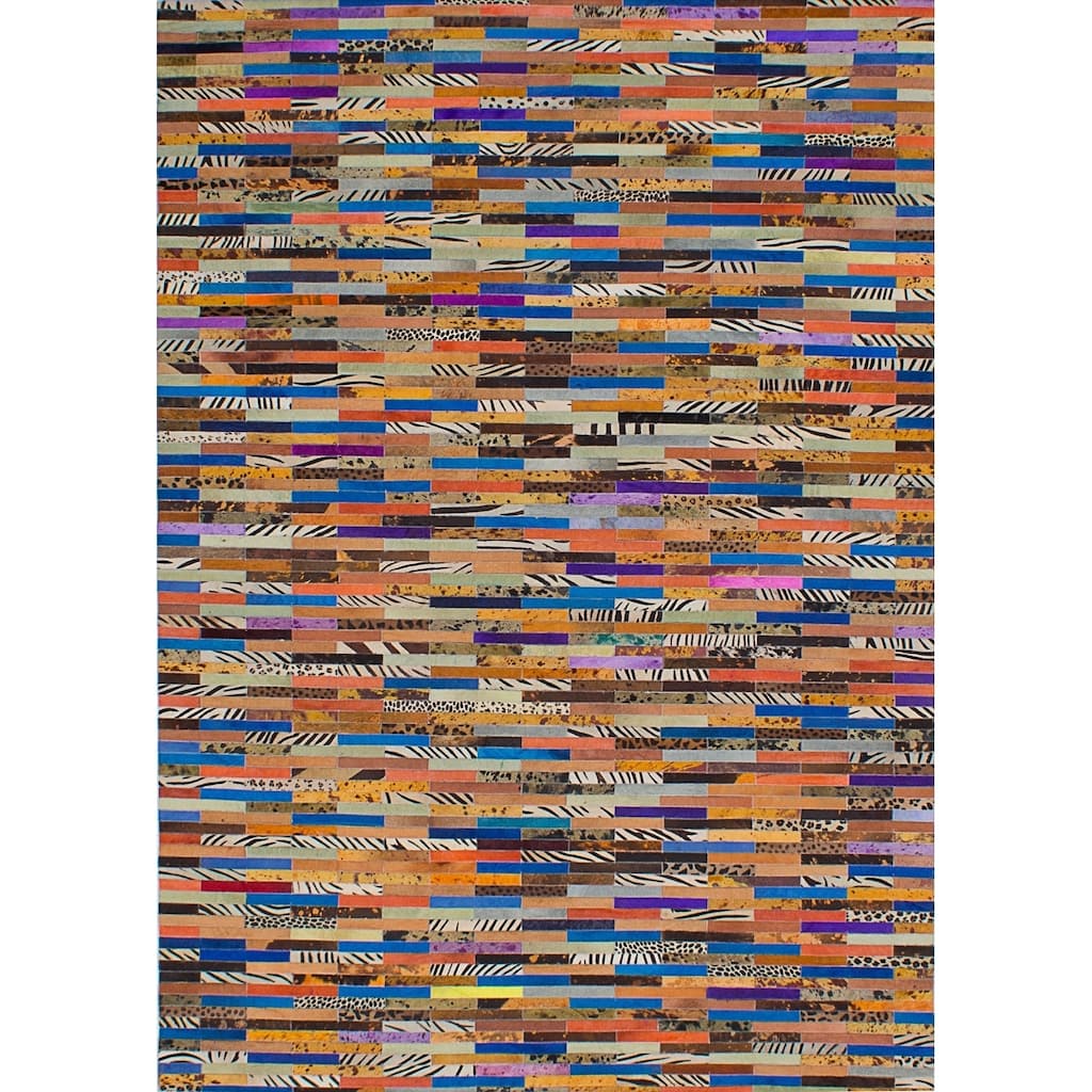 Handmade Cowhide Patchwork Blue, Brown Leather Rug