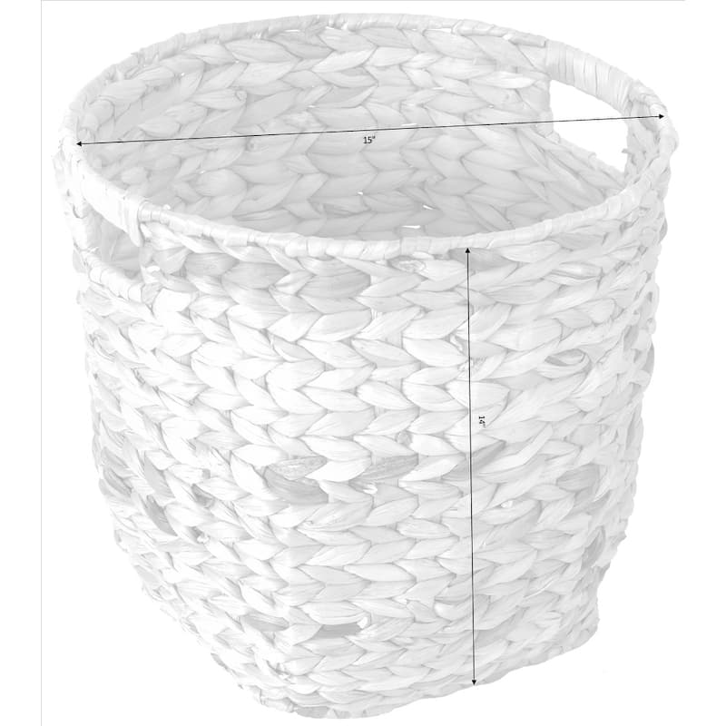 Large Round Water Hyacinth Wicker Basket with Handles - Handwoven Trash Bin