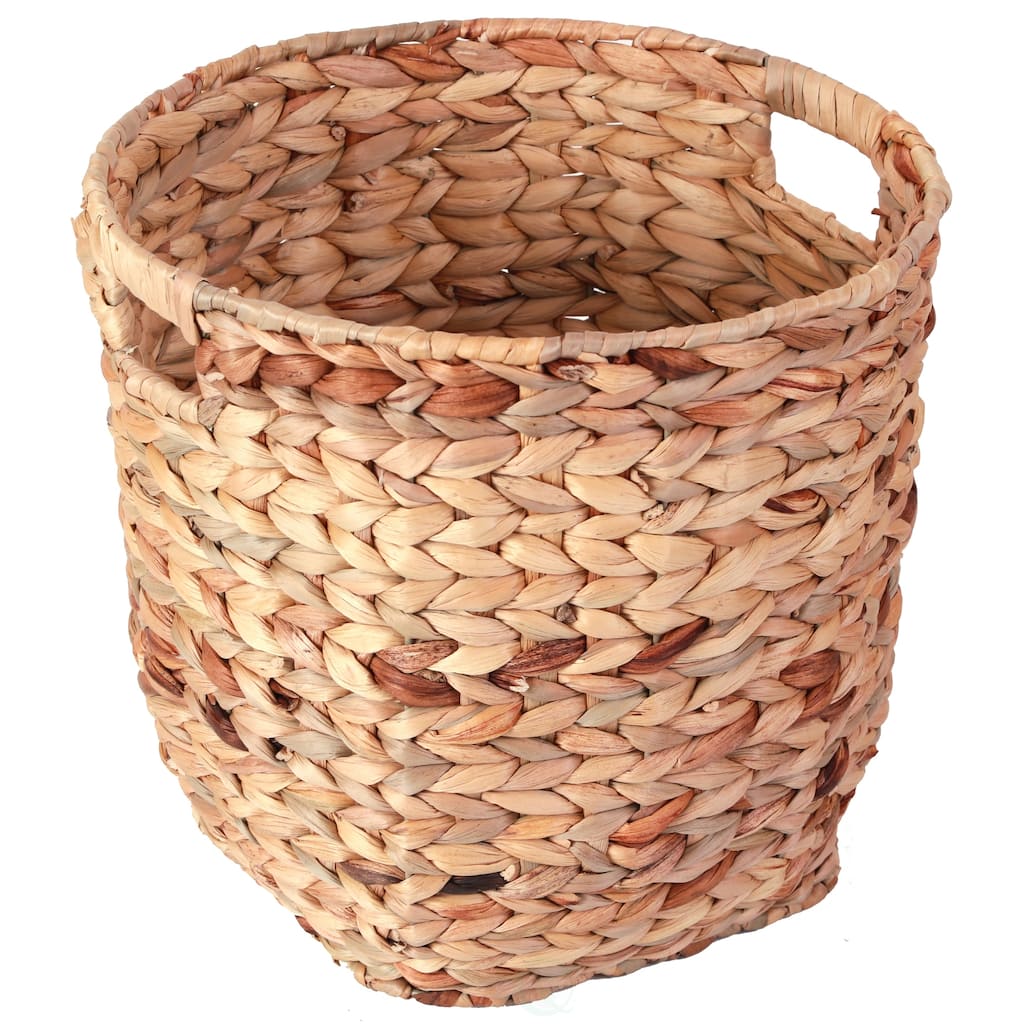 Large Round Water Hyacinth Wicker Basket with Handles - Handwoven Trash Bin