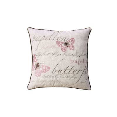 Contemporary Style Set of 2 Throw Pillows With Butterfly Motifs , Natural