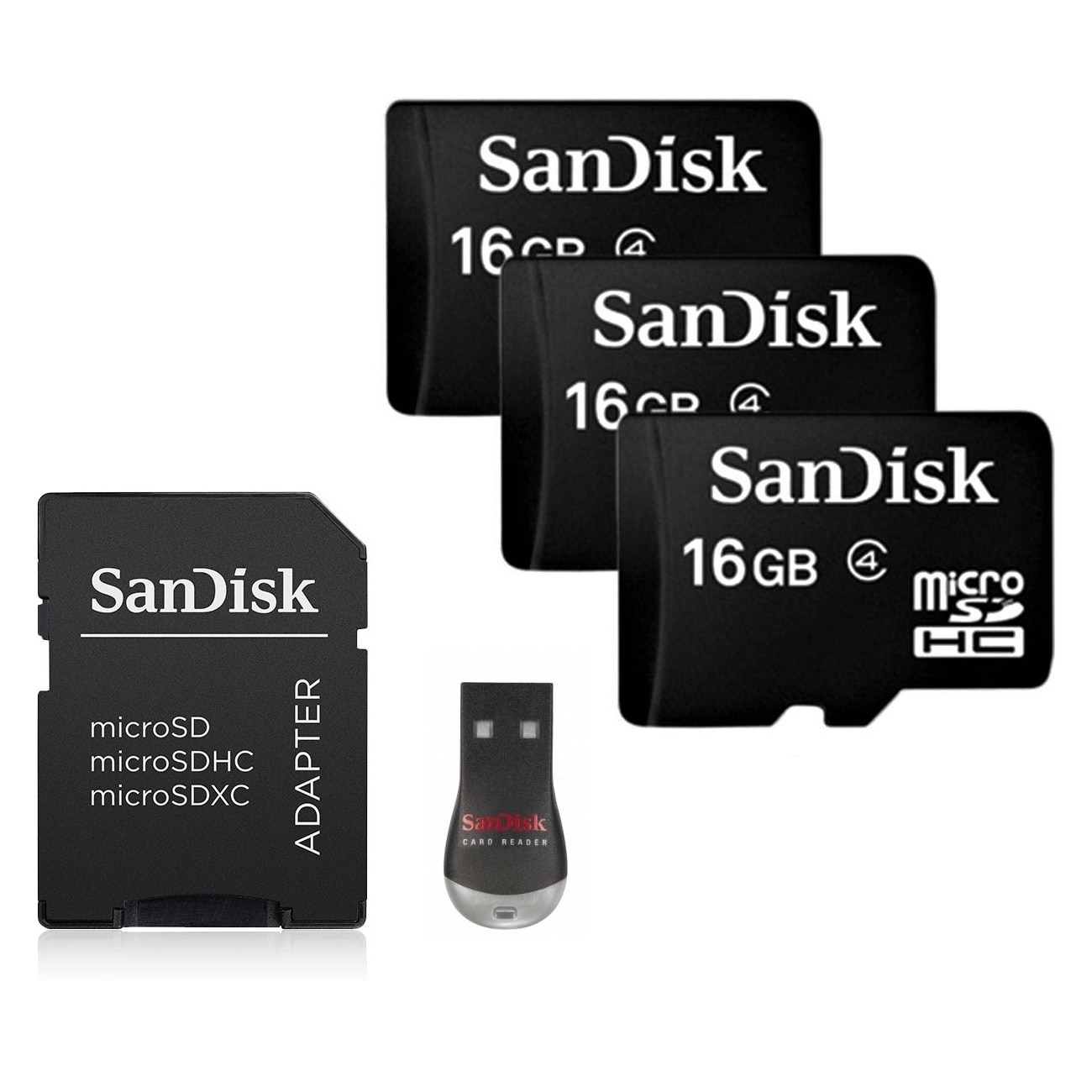 3 Pack - SanDisk 16GB Micro SD Card with SD Adapter and USB Reader