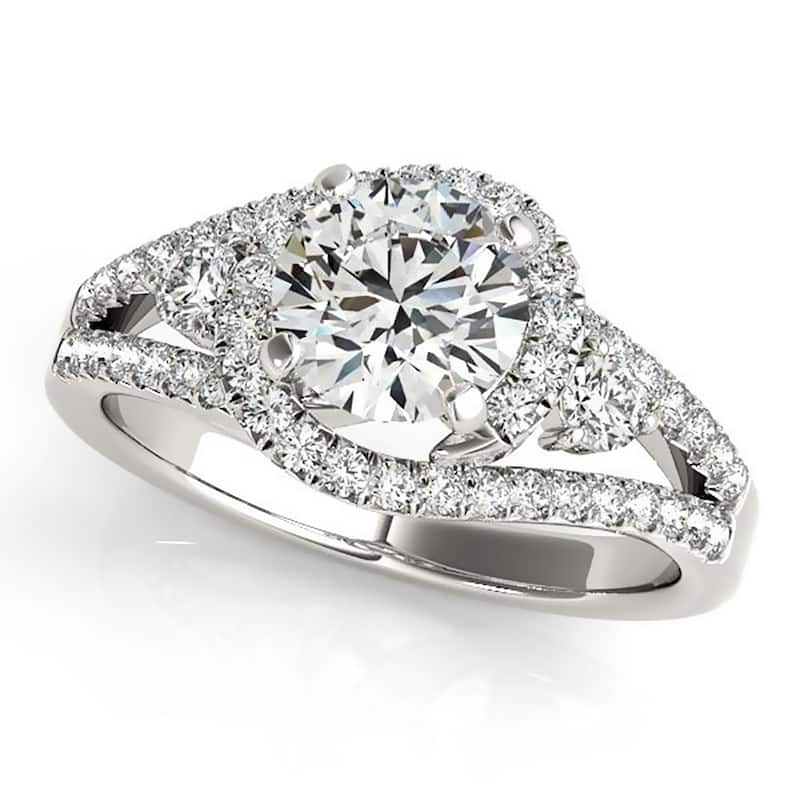 Auriya 14k Gold Modern 3-Stone 2 1/2ct Moissanite and 3/4ctw Halo Diamond Engagement Ring