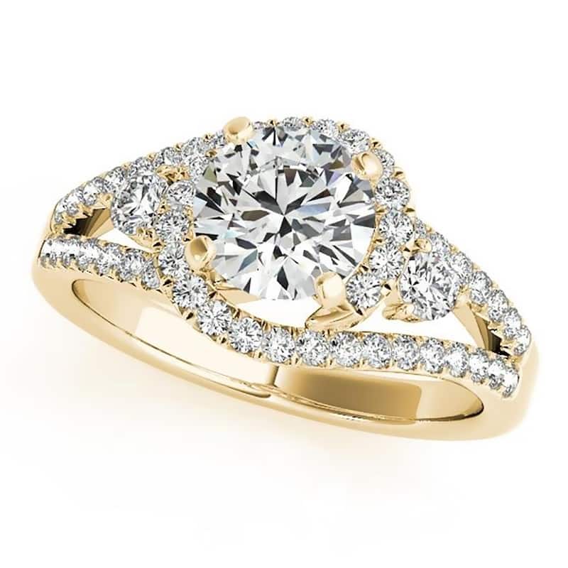 Auriya Modern 3-Stone 2ct Moissanite and 3/4ctw Halo Diamond Engagement Ring 14K Gold