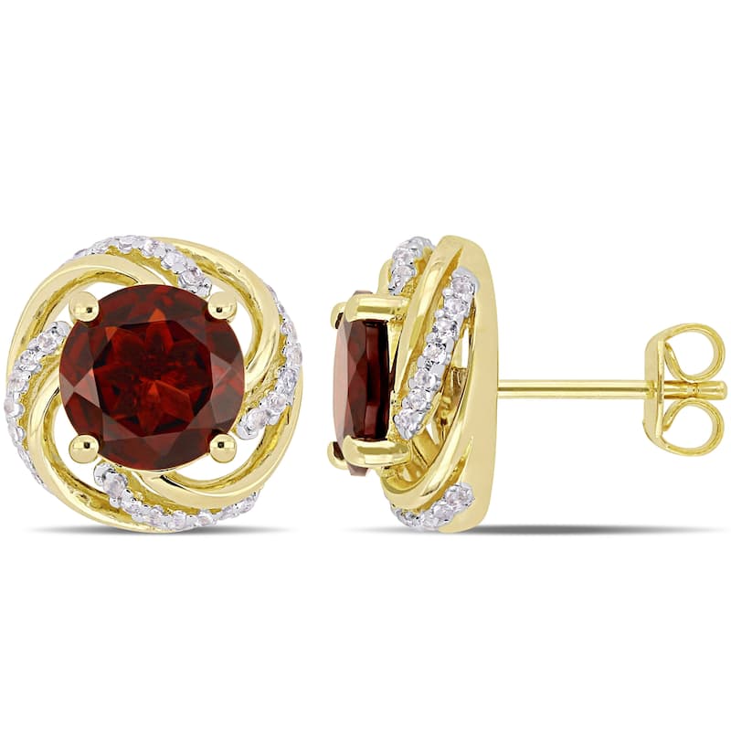 Miadora Yellow Gold Plated Sterling Silver Garnet & White Topaz Stud Earrings