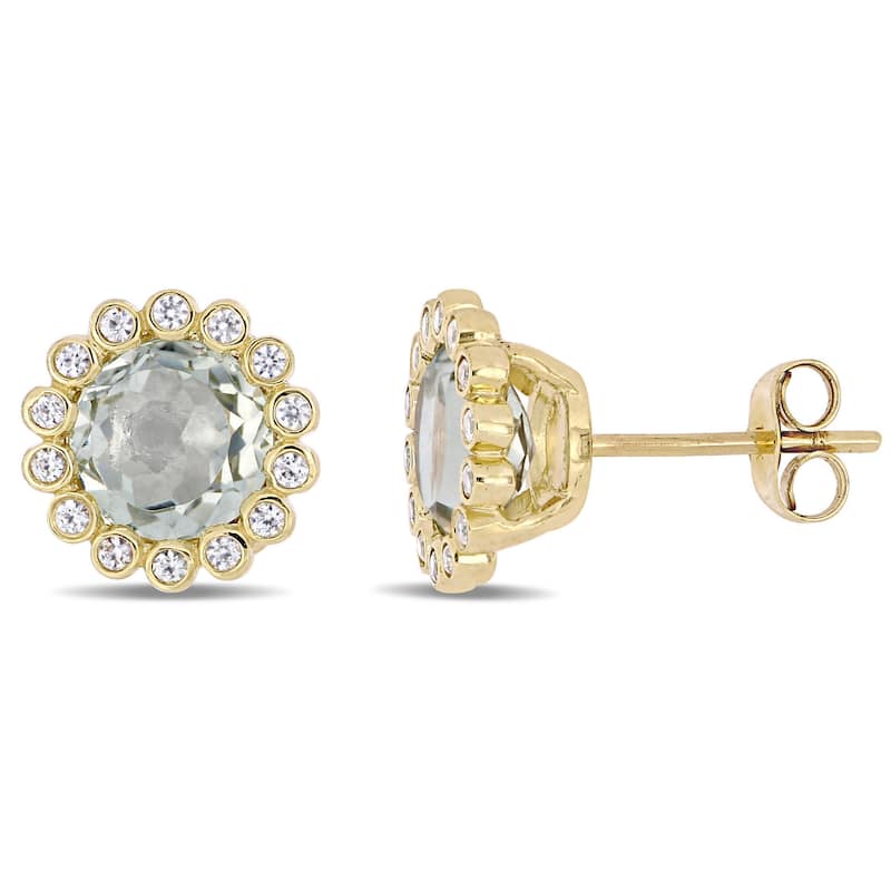 Miadora 10k Yellow Gold Green Amethyst White Sapphire Halo Stud Earrings
