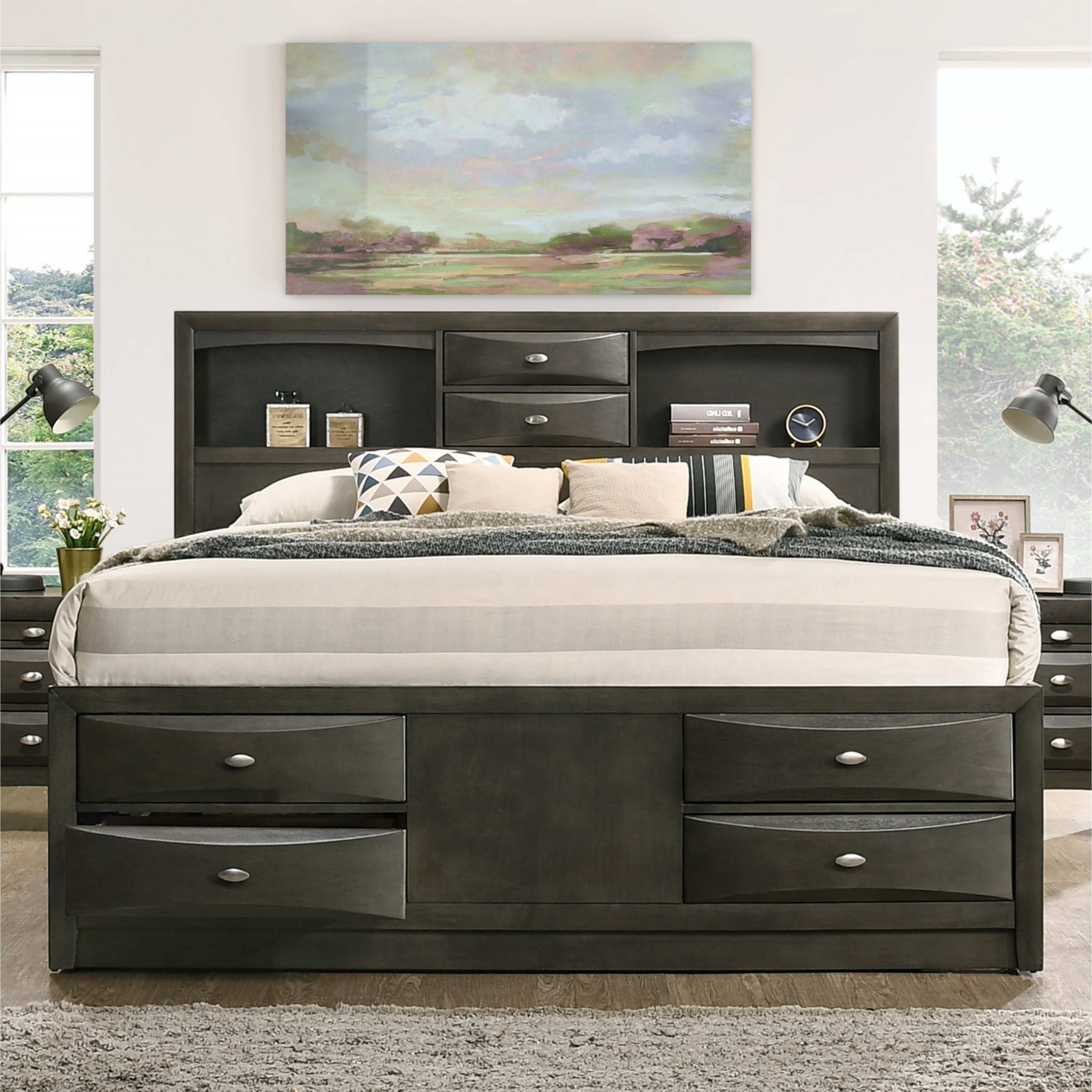 Shop Leslie Gray Finish Bed Set Bookcase Headboard Storage