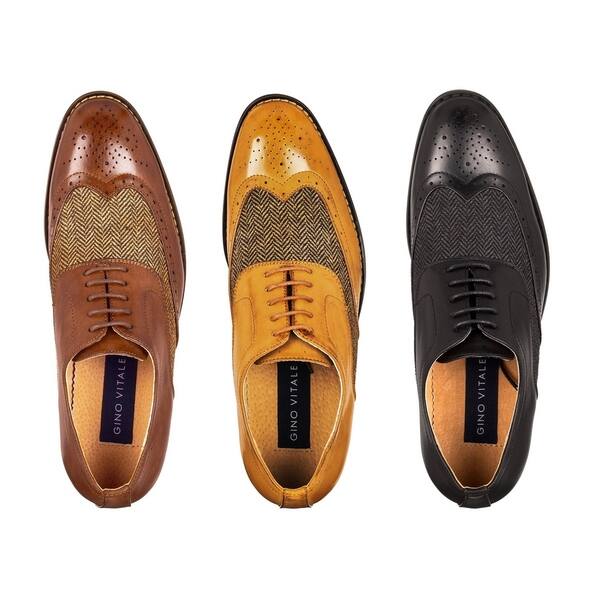 Gino Vitale Wing Tip Brogue Herringbone Dress Shoes in Tan  display picture 1