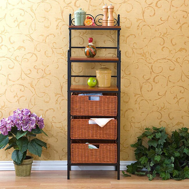 Shop Copper Grove Stoyoma Black Storage Shelves With Rattan Baskets On Sale Overstock 22727173