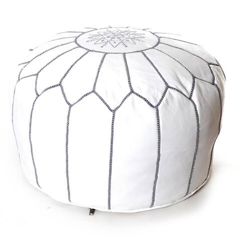 The Curated Nomad Aptos Handmade Moroccan White Leather Pouf Embroidered with Stitching