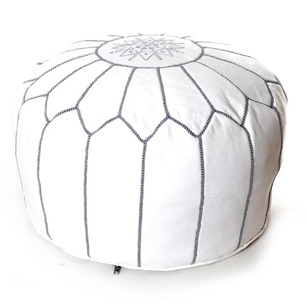 slide 2 of 12, The Curated Nomad Aptos Handmade Moroccan White Leather Pouf Embroidered with Stitching