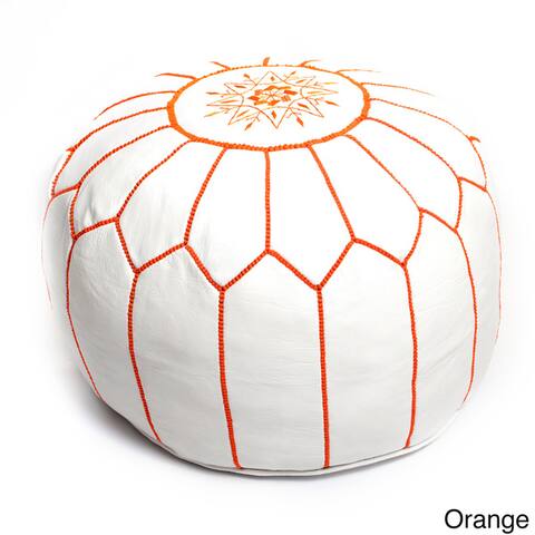 The Curated Nomad Aptos Handmade Moroccan White Leather Pouf Embroidered with Stitching